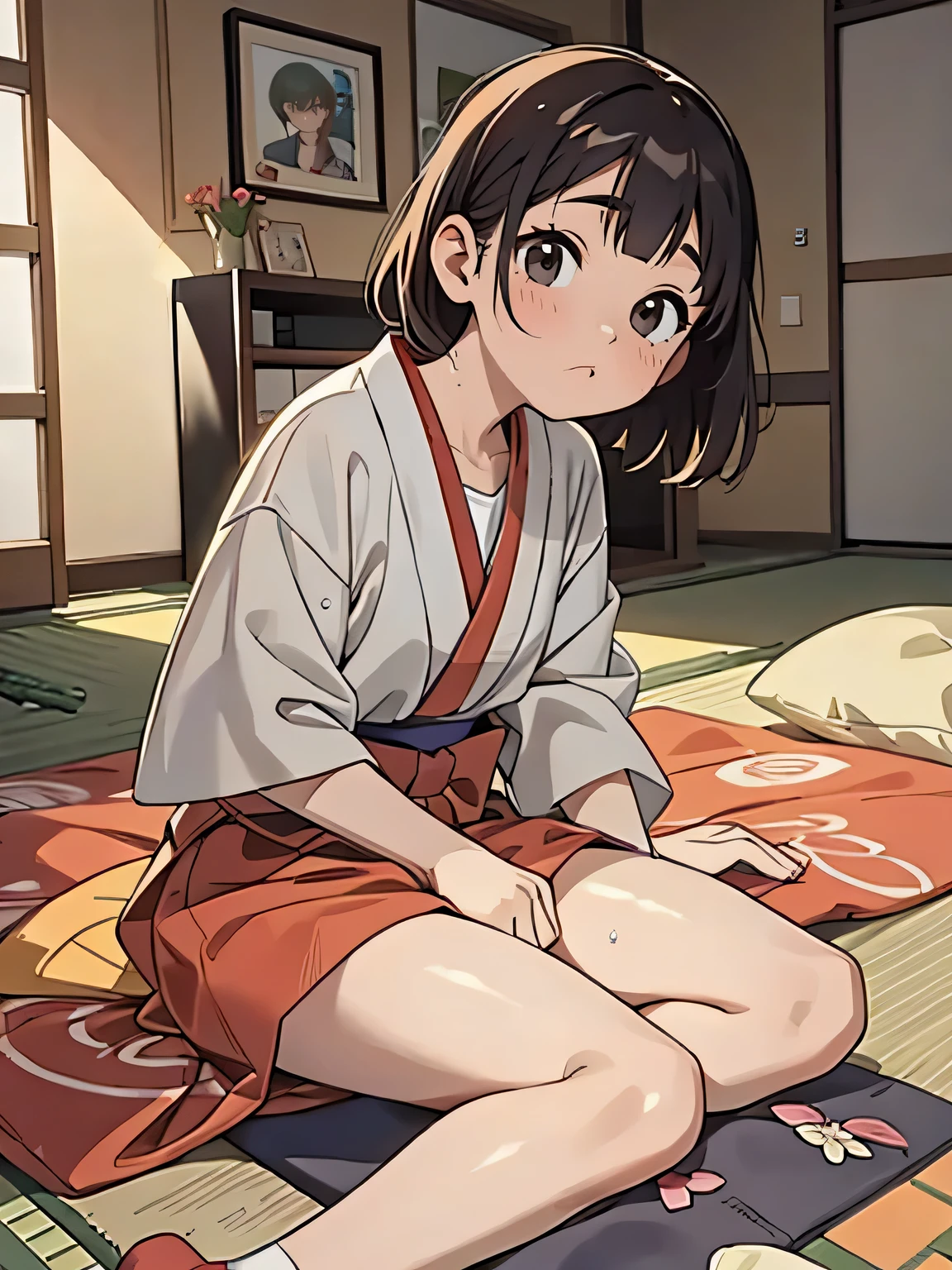 Japanese Style House,On the futon, Play sports frequently, Beautiful and elaborate face,Sitting on a colorful yoga mat,白い下着を着たアラフィフのJapanese people々woman, Japanese people々woman１people々, Real young gravure idol, Yoshitomo Nara, Chiho, 8k)), Young Sensual Gravure Idol, Wet, shiny skin!!, Glossy silver, Mole under left eye,Cute freckles on the cheeks,((Beautiful Skin)),((Skin Texture)),((Real Touch)),healthy, red tint, Look forward,Forward bending posture,Spread your legs,Tie your hair with a rubber band,looking at the camera,Beautiful clavicle,