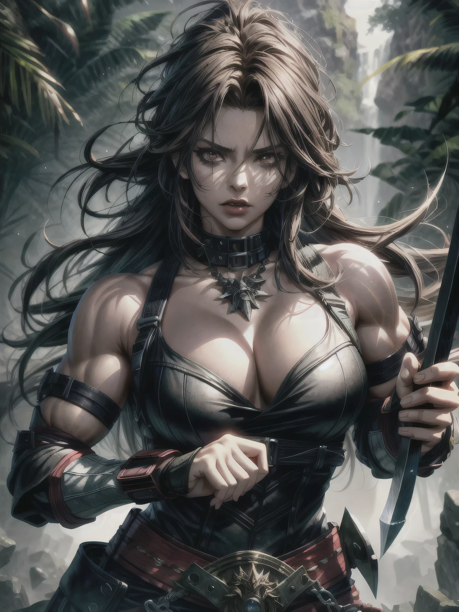 a barbarian girl, aggressive pose, wielding huge axe, powerful, jungle queen, detailed facial features, long hair, muscular build, glowing eyes, feral expression, fierce warrior, photorealistic, cinematic lighting, dramatic composition, rich color palette, chiaroscuro lighting, volumetric atmosphere, (best quality, 4k, 8k, highres, masterpiece:1.2), ultra-detailed, (realistic, photorealistic, photo-realistic:1.37), HDR, UHD, studio lighting, ultra-fine painting, sharp focus, physically-based rendering, extreme detail description, professional, vivid colors, bokeh