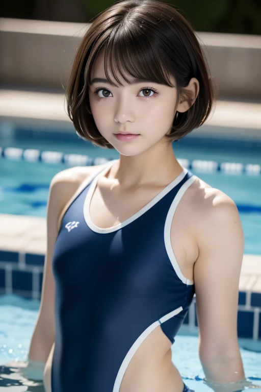 one girl, (a beauty girl, delicate girl:1.3), (************:1.3),((Wet school swimsuit)) (Navy blue school swimsuit:1.3),((Cute pose)) ,Very detailedな明瞭さ, (Symmetrical eyes:1.3), (School swimming pool, indoor:1.3), Small breasts, Brown eyes, ((Very beautiful short black hair)),((Pixie Cut))、 Brown Hair, girl,, (Eye and facial details:1.0),, (masterpiece, highest quality, Very detailed, Detailed face, 8k)