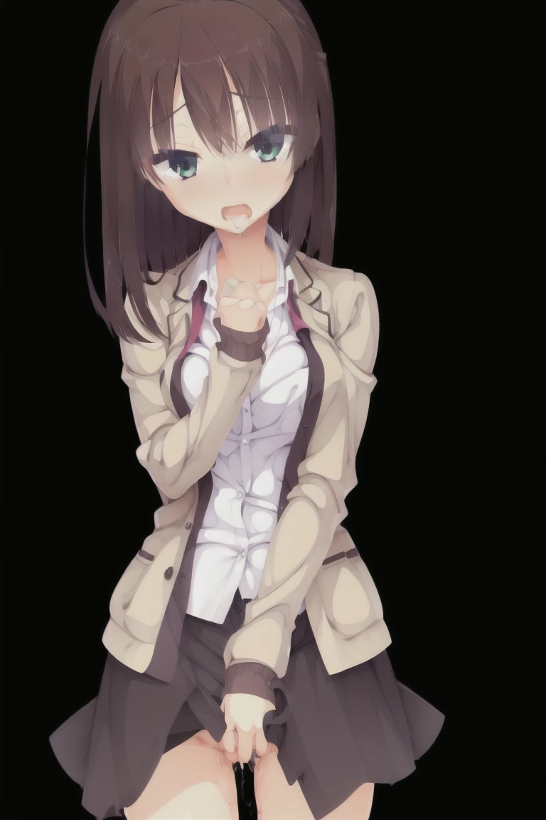 1girl,solo,dark_blown_hair,bob_hair,Light brown cardigan, baggy cardigan, white shirt, cute shirt,underwear, thigh-highs sleeves_past_wrists,(masturbation:1.3),female_masturbation,pussy,(pussy_juice:1.35),skirt_lift,embarrassed,Embarrassing,Bedroom,expensive_solve, clear_image, expensive_Contrast, 8k, Sparkling, beautiful_detailed_face_and_eye, (Dark Brown Hair:1.25), 白 eye