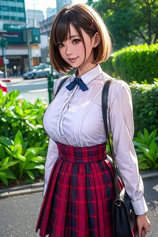 sit in tropical rainforest , steam , waistband of skirt is at the point above chest , plaid skirt , pleated skirt , Tight shirt , white Shirt , school girl , skirt under breasts , skirt is near breasts area , skirt is adjacent to the chest , blurry, bag, ribbon, 1girl, depth of field, building, breasts, hair ribbon, blurry background, red ribbon, skirt, looking at viewer, open mouth, smile, jacket, red skirt, blurry foreground, city, outdoors, solo, red eyes, large breasts, neck ribbon, blush, long sleeves, photo background, short hair, handbag, shirt