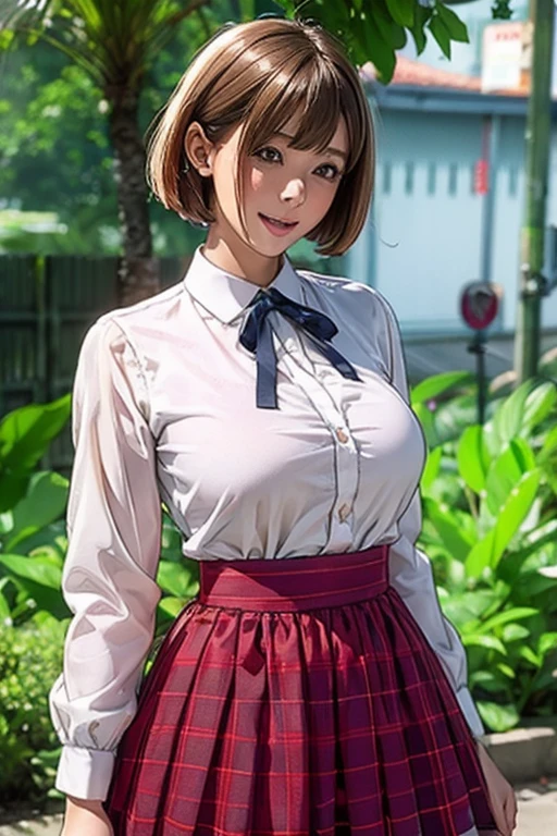 sit in tropical rainforest , steam , waistband of skirt is at the point above chest , plaid skirt , pleated skirt , Tight shirt , white Shirt , school girl , skirt under breasts , skirt is near breasts area , skirt is adjacent to the chest , blurry, bag, ribbon, 1girl, depth of field, building, breasts, hair ribbon, blurry background, red ribbon, skirt, looking at viewer, open mouth, smile, jacket, red skirt, blurry foreground, city, outdoors, solo, red eyes, large breasts, neck ribbon, blush, long sleeves, photo background, short hair, handbag, shirt