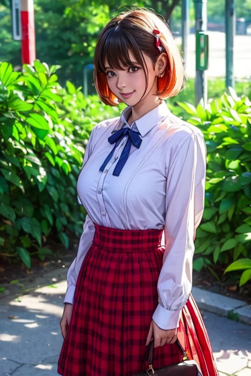 sit in tropical rainforest , steam , waistband of skirt is at the point above chest , plaid skirt , pleated skirt , Tight shirt , white Shirt , school girl , skirt under breasts , skirt is near breasts area , skirt is adjacent to the chest , blurry, bag, ribbon, 1girl, depth of field, building, breasts, hair ribbon, blurry background, red ribbon, skirt, looking at viewer, open mouth, smile, jacket, red skirt, blurry foreground, city, outdoors, solo, red eyes, large breasts, neck ribbon, blush, long sleeves, photo background, short hair, handbag, shirt