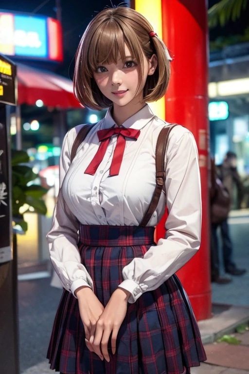 sit in tropical rainforest , steam , waistband of skirt is at the point above chest , plaid skirt , pleated skirt , Tight shirt , white Shirt , school girl , skirt under breasts , skirt is near breasts area , skirt is adjacent to the chest , blurry, bag, ribbon, 1girl, depth of field, building, breasts, hair ribbon, blurry background, red ribbon, skirt, looking at viewer, open mouth, smile, jacket, red skirt, blurry foreground, city, outdoors, solo, red eyes, large breasts, neck ribbon, blush, long sleeves, photo background, short hair, handbag, shirt