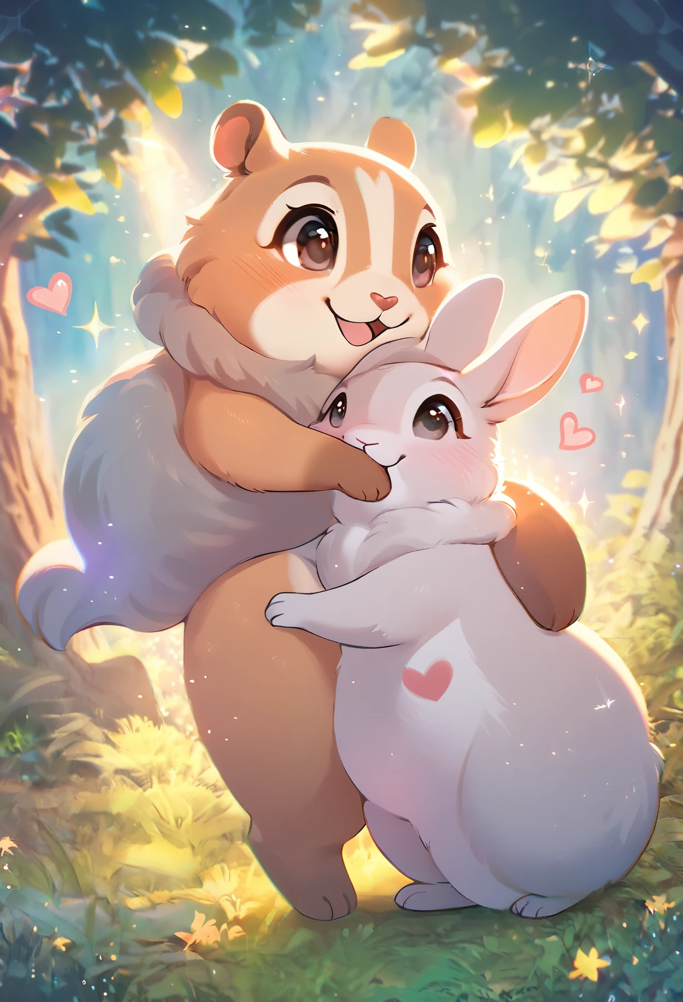 best quality, masterpiece, cute chunky prairie dog and cute chunky gray rabbit, friendship, fun, happiness, smile, fluffy, heart shape, heart mark, cute pose, fantasy forest world, gentle sparkling image effects