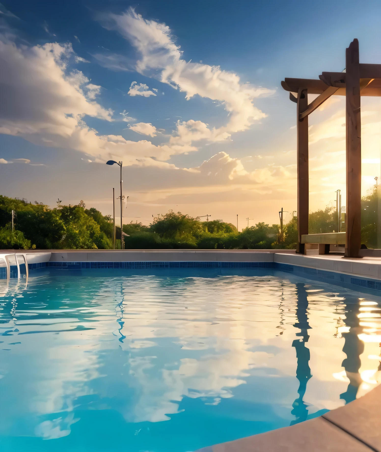 stunning scenery, surreal lighting, extremely extravagant lighting, vivid color, beautiful scenery, afternoon, natural, two building, sunset, sun shining hidden, pool, (((hyper realistic water)))