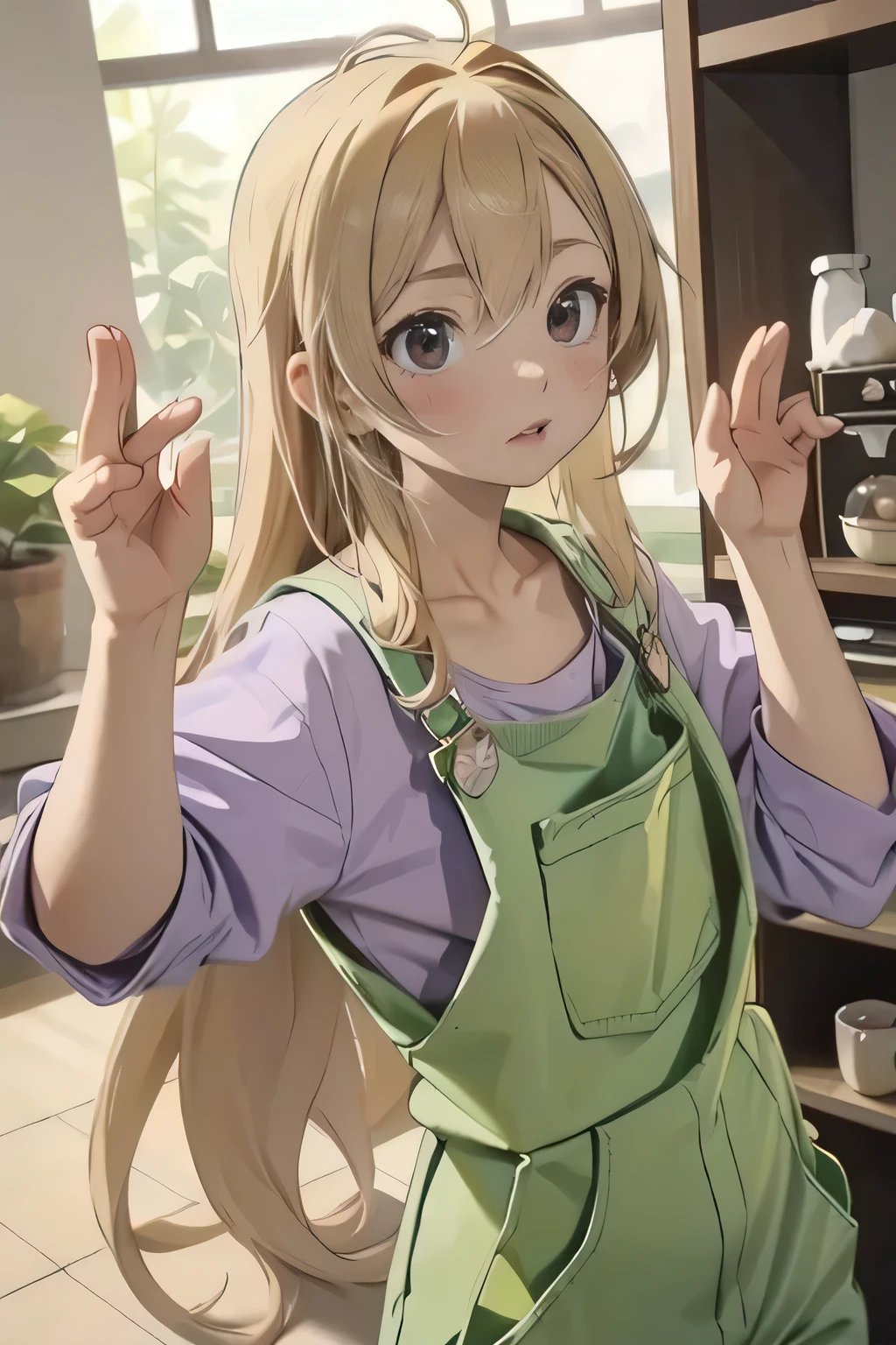 (Disheveled Hair), ((1 female,Blonde long hair,Kung Fu Master, Pastel Green,Wearing work overalls,  Gorgeous purple detail bra, Sensual,))