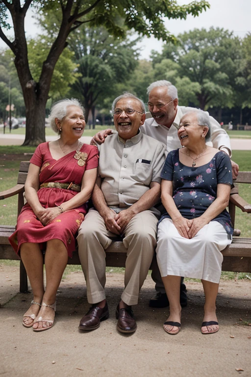 Five indian old people sitting and laughing together in a park