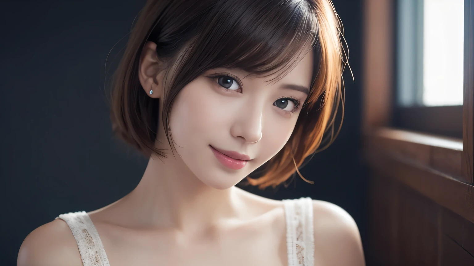 One Girl, (Dress in trendy fashion:1.2), (RAW Photos, highest quality), (Realistic, Photorealistic:1.4), Tabletop, Very delicate and beautiful, Very detailed, 2k wallpaper, wonderful, In detail, Very detailed CG Unity 8k wallpaper, Very detailedな, High resolution, Soft Light, Beautiful detailed girl, looking at the camera、Very detailedな目と顔, Beautifully detailed nose, Beautiful fine details, short hair, small, black clothes、White background、Background is white、Cinema Lighting, Perfect Anatomy, Slender body, smile, 
