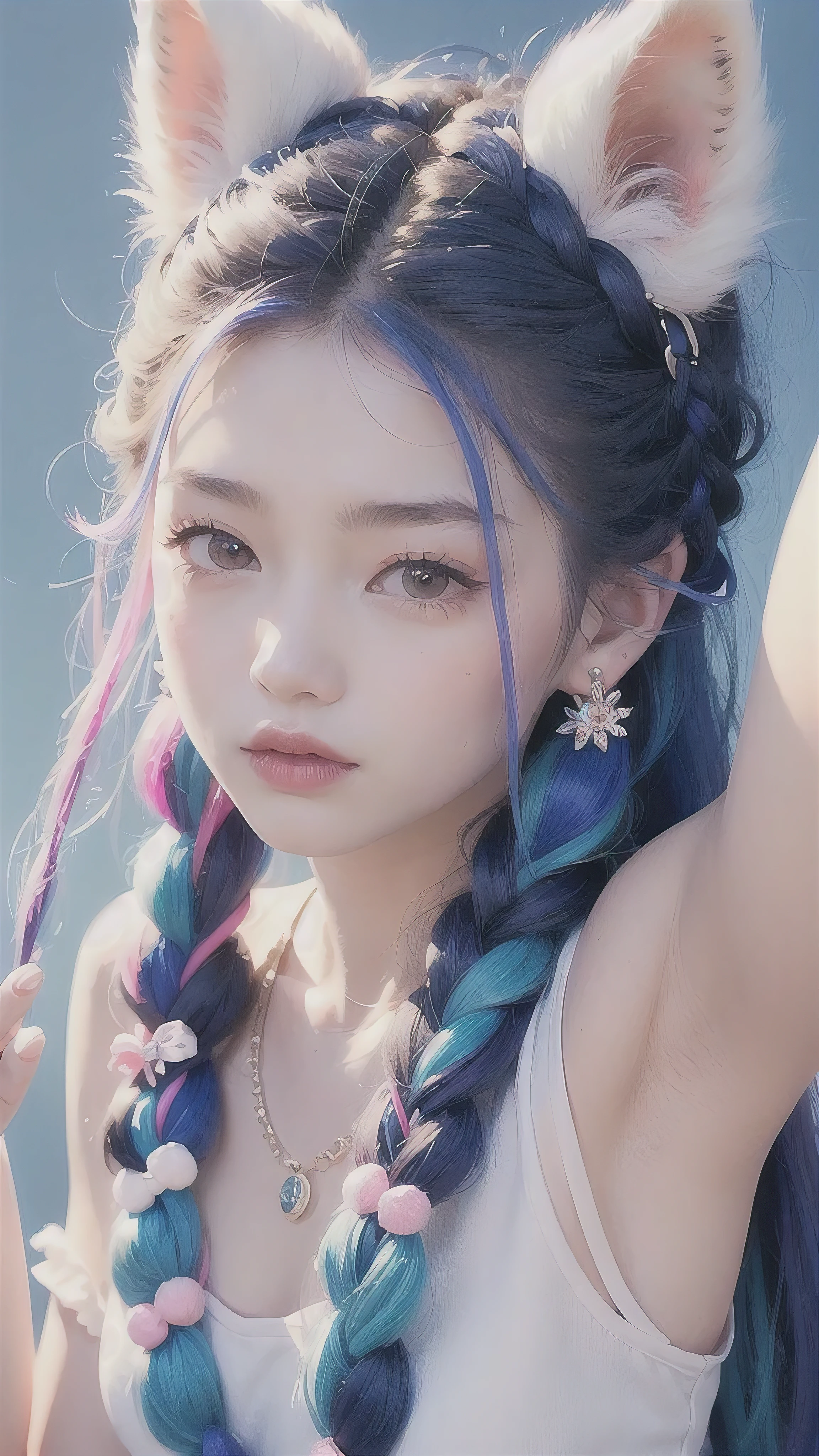 masterpiece, best quality, high resolution, (White background: 1.4), [flash], [Looking at the audience, portrait, 1 sweet chinese girl], (long hair, Blue Hair, Wavy curls, Colorful twisted braids: 1.3, Furry fox ears, Air bangs), White off-shoulder short sleeves, Exquisite facial features, Pink lips, earrings, necklace