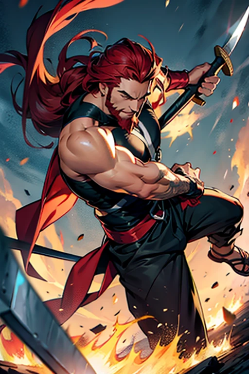 Anime guy with long red hair and a beard fighting with a axe, manga panels with dialogue