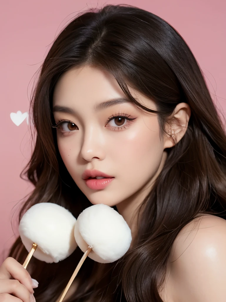 Kim Jennie with dark brown hair, con el cabello trenzado, with little curlers in her hair, con ojos marrones claros, ojos bonitos, with long and beautiful eyelashes, cejas perfectas, thick heart shaped lips with cupid'arco, Crimson lips, piel bonita, piel blanca y palida,con tonos rosas, with a natural blush and soft crimson color, con un maquillaje ligero, con pecas y lunares en sus mejillas, nariz respingada y bonita, button nose, Nariz bonita, mientras esta tomando una coca-cola, (pechos grandes, pechos bonitos, pechos suaves, escode desnudo), while sitting in an armchair, mirando a la camara, Foto bonita, autofoto