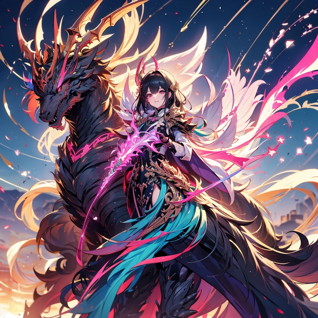 8k　4K　Beautiful images　masterpiece　super high quality　wallpaper　Beautiful woman 　力のexcited　Fantasy　Fantasy　nice　dark　excited　green色光　Starry Sky　magic　black hair　pinkメッシュ　greenいメッシュ　Thunderlight 悪　Overwhelming victory　Under the Moon　dress　darkナイト　Western Armor　Dragon　Tiger　Dragon　Cape　騎士 DragonTiger　devilishness　Thunderlight　pink　black　green