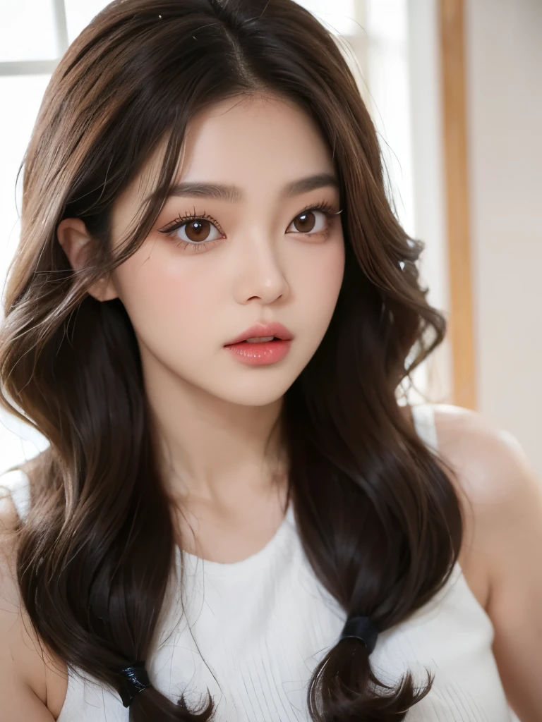 Kim Jennie with dark brown hair, con el cabello trenzado, with little curlers in her hair, con ojos marrones claros, ojos bonitos, with long and beautiful eyelashes, cejas perfectas, thick heart shaped lips with cupid&#39;arco, Crimson lips, piel bonita, piel blanca y palida,con tonos rosas, with a natural blush and soft crimson color, con un maquillaje ligero, con pecas y lunares en sus mejillas, nariz respingada y bonita, button nose, Nariz bonita, mientras esta tomando una coca-cola, (pechos grandes, pechos bonitos, pechos suaves, escode desnudo), while sitting in an armchair, mirando a la camara, Foto bonita, autofoto