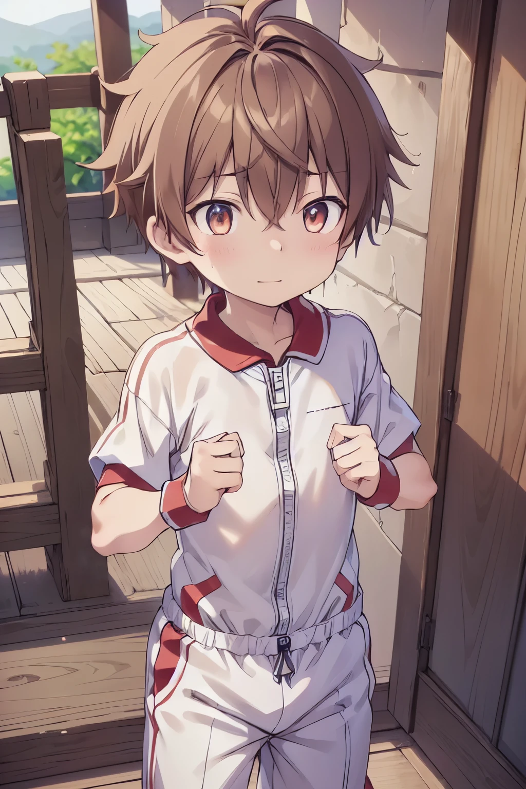 1boy, aoi, masterpiece, ultra detail, male focus,  fight together, adorable captivating, light brown hair , red eyes , white albine skin, japanese style, steam smork, japan style, anime coloring, shy, detailed face,  sweat, boxing suit