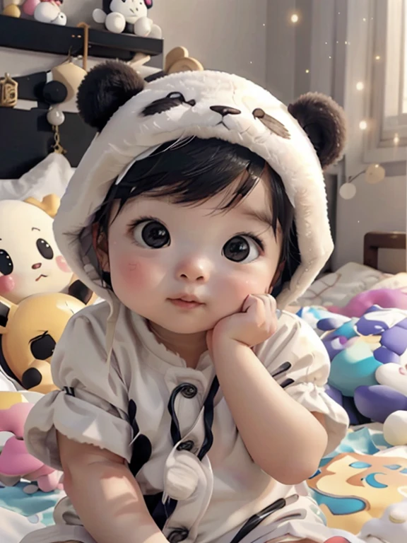 in anime、Porter un costume de panda、Prendre une jolie pose dans une une chambre sur le lit 、Take a side photo、je ris aux éclats.、baby face