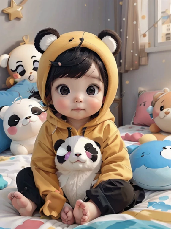 in anime、Porter un costume de panda、Prendre une jolie pose dans une une chambre sur le lit 、Take a side photo、je ris aux éclats.、baby face