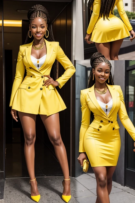 Beautiful 19 yo African woman. Fit, tall, perfect ass, shapely toned legs. Long braided hair. Friendly smile. Jacket, yellow dress, high heels.(joy)