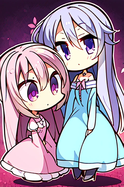 A pink haired woman with violet eyes in an hourglass figure in a cute dress is presenting a couple of movies