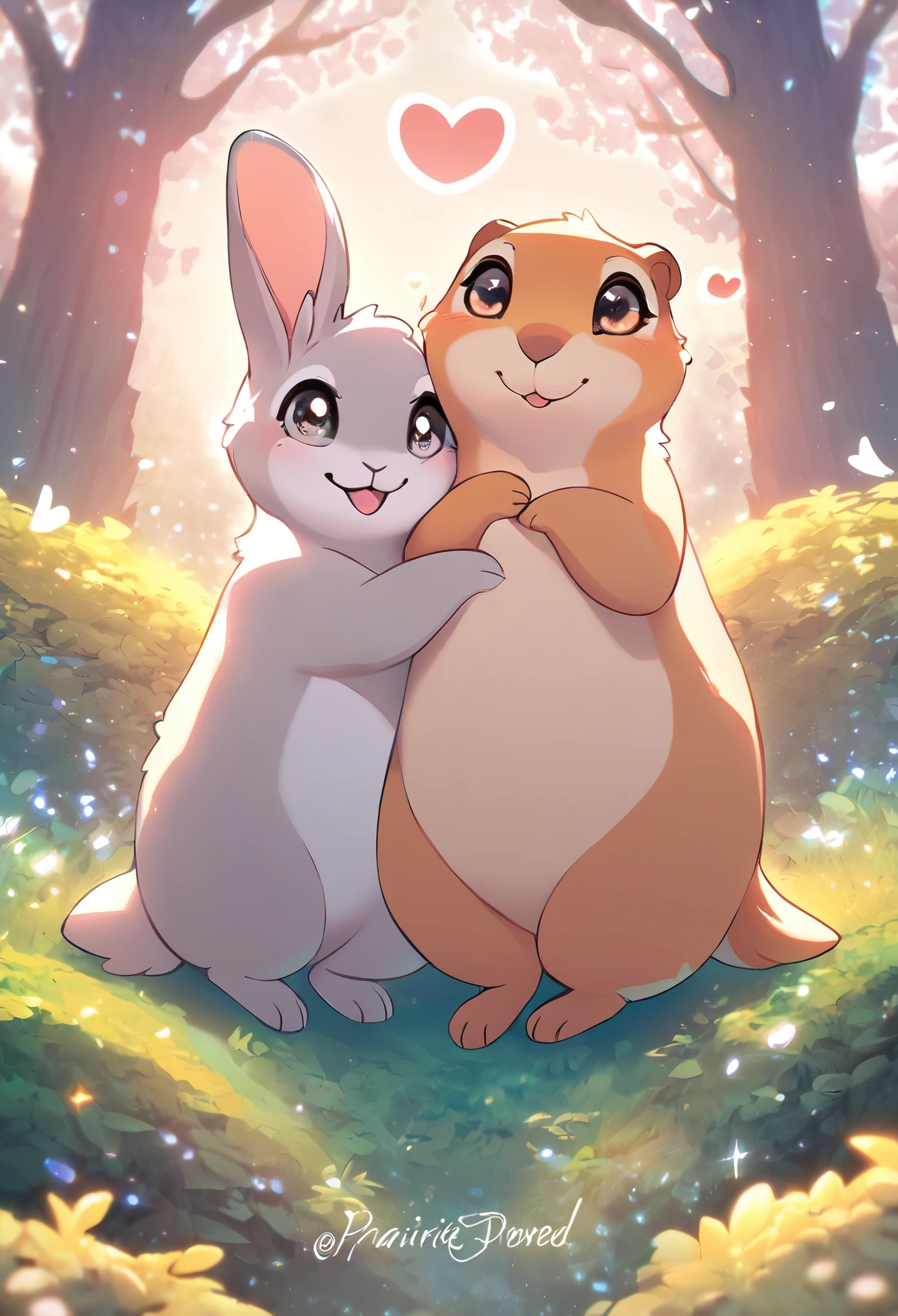 best quality, masterpiece, cute chunky prairie dog and cute chunky gray rabbit, friendship, fun, happiness, smile, fluffy, heart shape, heart mark, cute pose, fantasy forest world, gentle sparkling image effects