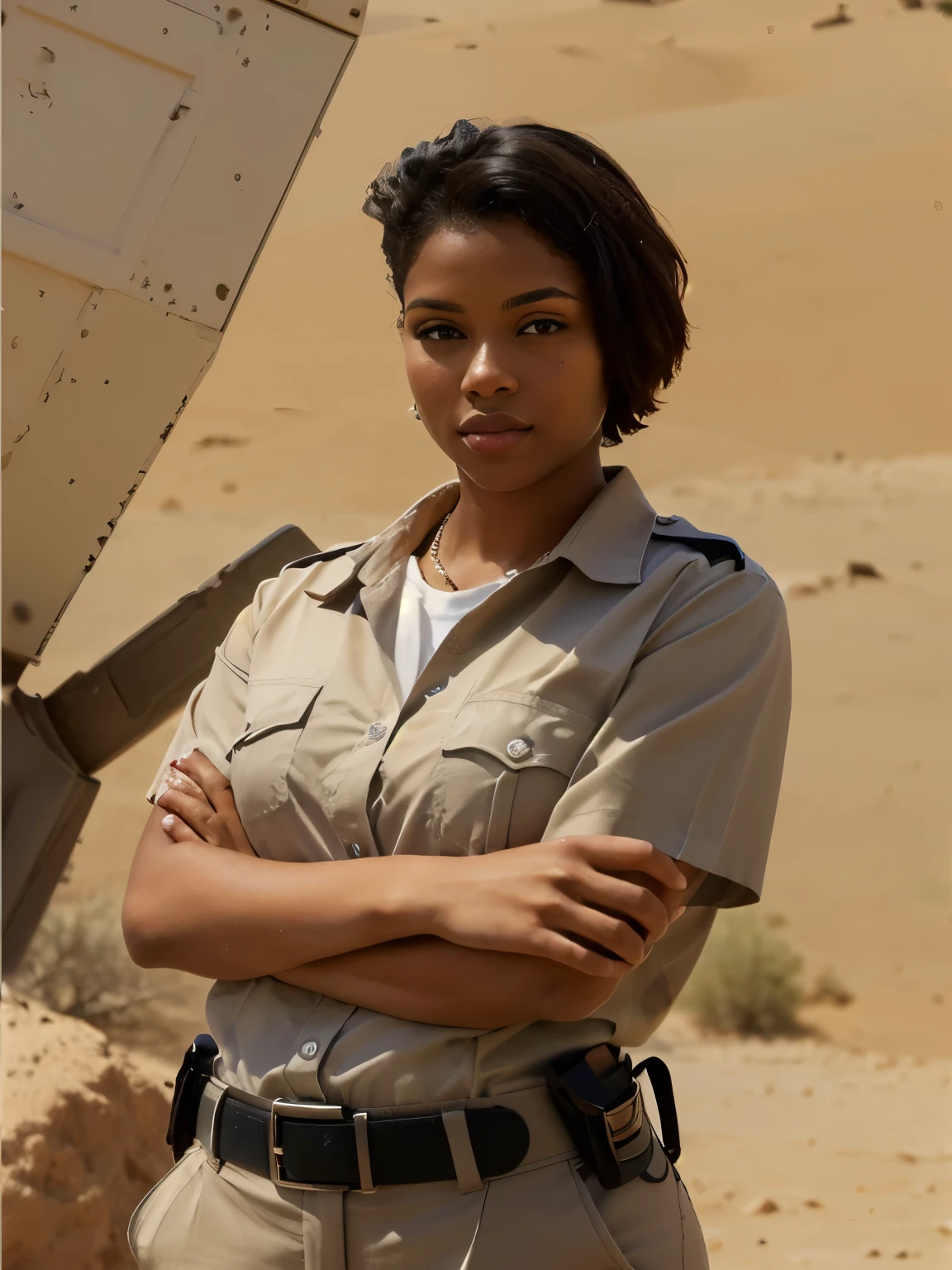 hd, (((masterpiece, best quality))), 1girl, shot with iphone, ((afro-american)) black woman, dark skin, thick lips, straight hair, (short hair), ((undercut hairstyle)), police officer, short sleeves, brown shirt, beautiful, at desert,