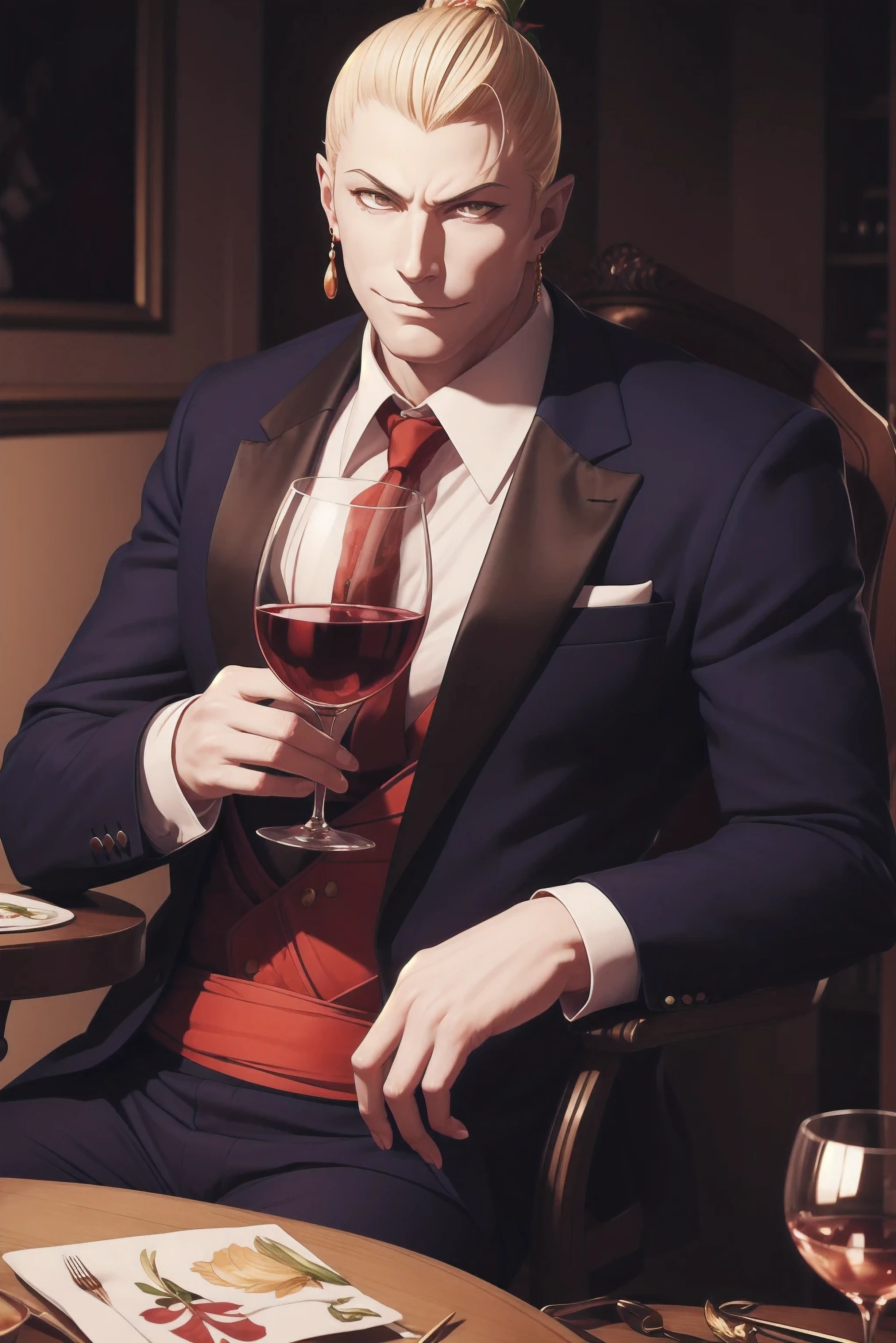 a portrait of Kefka Palazzo,man wearing a tuxedo,holding a glass of wine,mafia style,Togashi Yoshihiro art style,highly detailed,cinematic lighting,photorealistic,8k,ultra-detailed,masterpiece