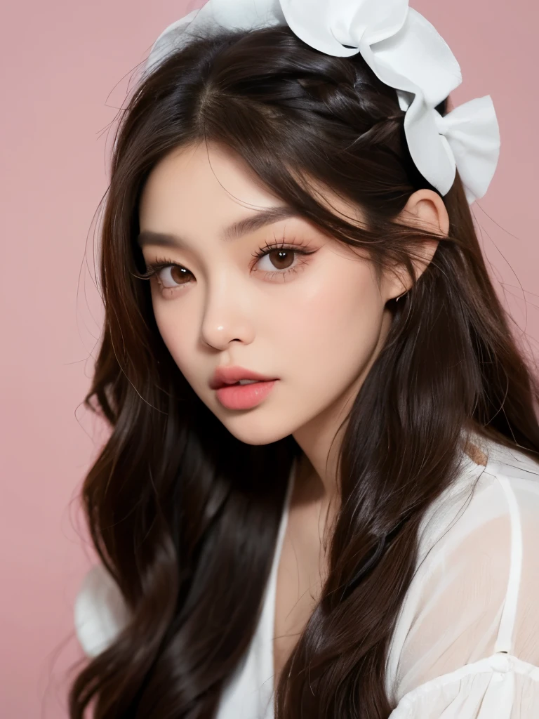Kim Jennie with dark brown hair, mientras trenzas bonitas, with little curlers in her hair, con ojos marrones claros, ojos bonitos, with long and beautiful eyelashes, cejas perfectas, thick heart shaped lips with cupid&#39;s bow, Crimson lips, piel bonita, piel blanca y palida, con tonos rosas, with a natural blush and soft crimson color, con un maquillaje ligero, con pecas y lunares en sus mejillas, nariz respingada y bonita, button nose, while she is wearing a long skirt and a sweatshirt, while sitting on a couch, con su amiga, (pechos grandes, pechos bonitos, pechos suaves, escode desnudo), sitting in an armchair, con una chica igual de bonita que ella, mirando a la camara, Foto bonita, autofoto