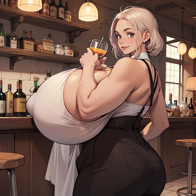masterpiece, detailed, realistic, young korean woman, bar staff, (detailed face, beautiful face), (gigantic breasts:1.8), (bursting breasts:1.4), pleased expression, open smile, thin, leaning forwards, strap top, (holding dollar bills:1.2), crowded bar