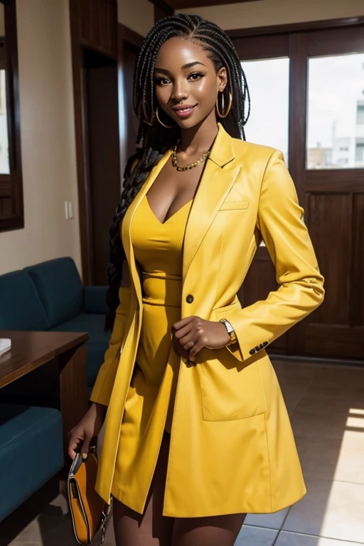 Beautiful 19 yo African woman. Fit, tall, perfect ass, shapely toned legs. Long braided hair. Friendly smile. Jacket, yellow dress, high heels.(joy)
