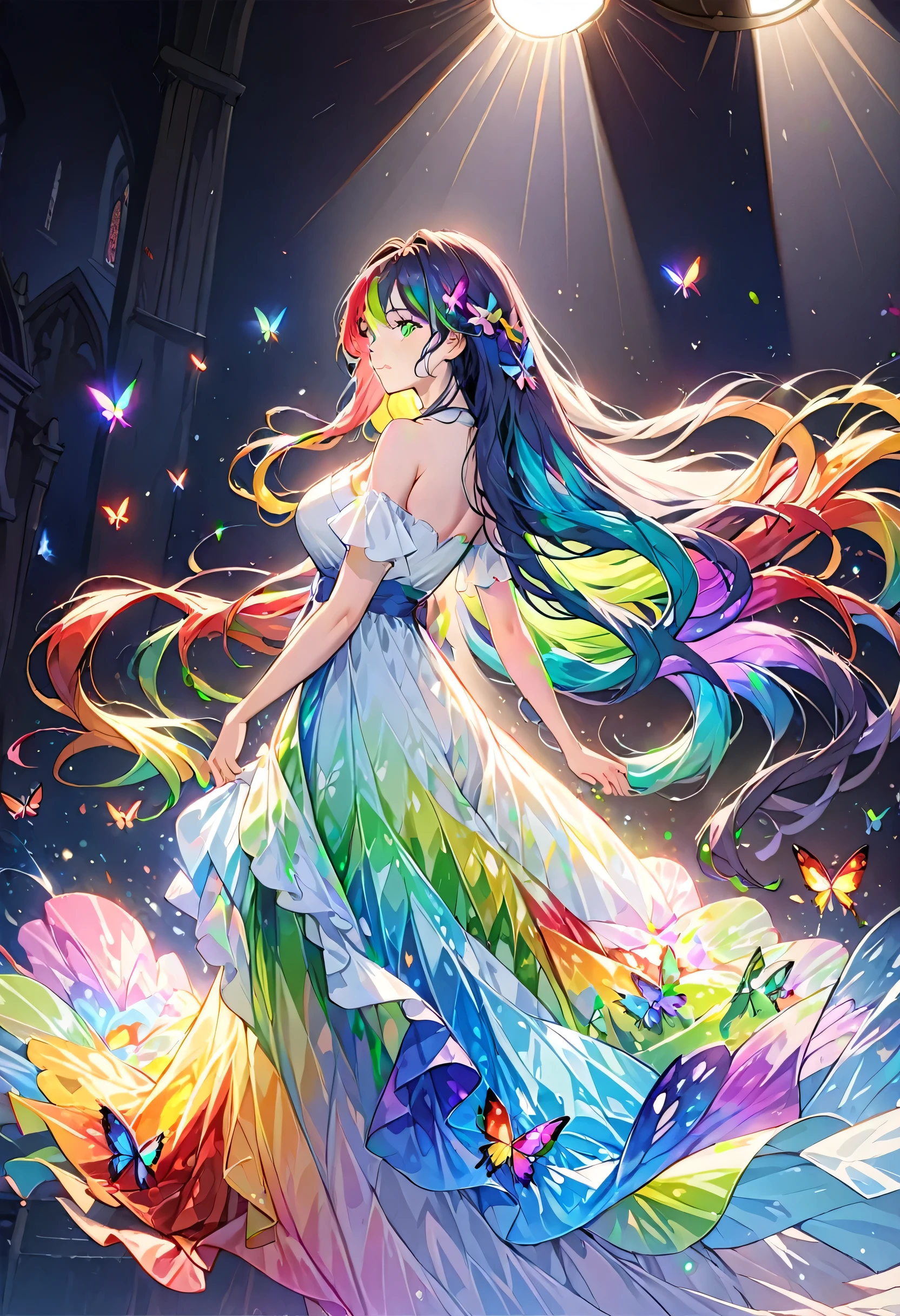 1 Girl, masterpiece, Extremely detailed, ((movie lighting)), (Luminescence), ((Dramatic Lighting)), ((Beautiful and delicate light)), Intricate details, lens flare, Colorful hair, Rainbow hair, long hair, Colorful dress, Butterfly hair accessories, Butterfly, (Light Particles), Put your hands behind your back, Large Breasts, [curved], Cowboy shooting, A faint smile, Green Eyes, church, Multicolored Glass, spotlight, Dark background, Flowing hair, Flowing hair, looking at the audience,((rich and colorful))