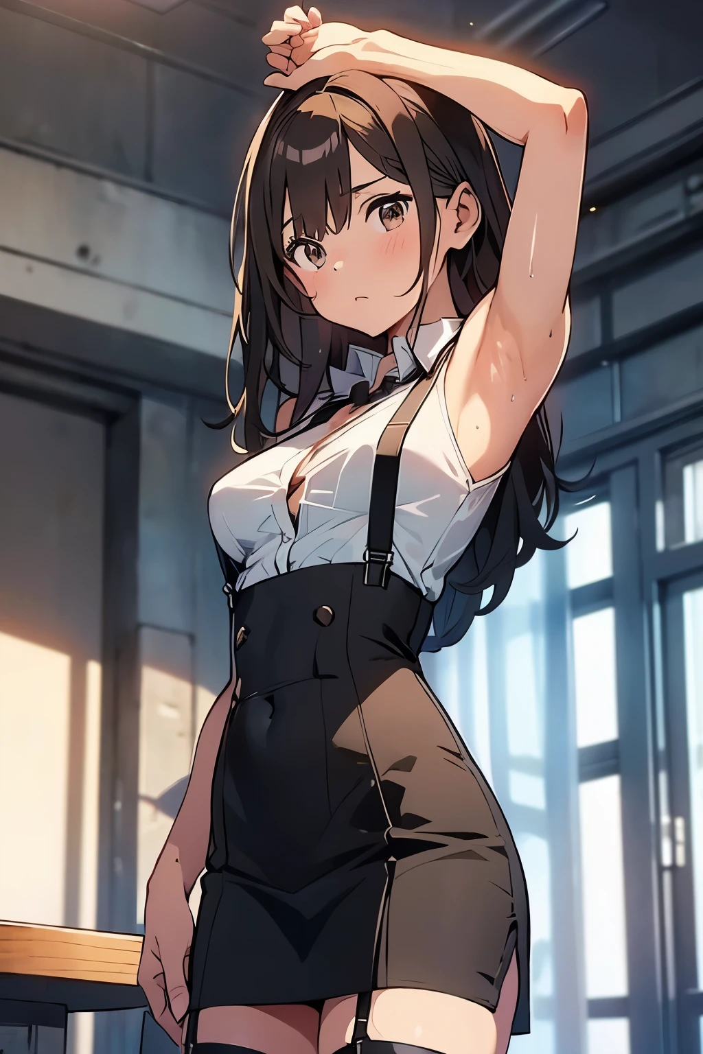 Brown Hair、Staring at the audience Black suspenders bulging big breasts wall: garter sight Small face holster Beautiful woman Show your hand sight Taunt side side汗 arm Dress shirt Black Suit ベルト wall際 Put your hands up Both hands above head Armpit sweat mini skirt