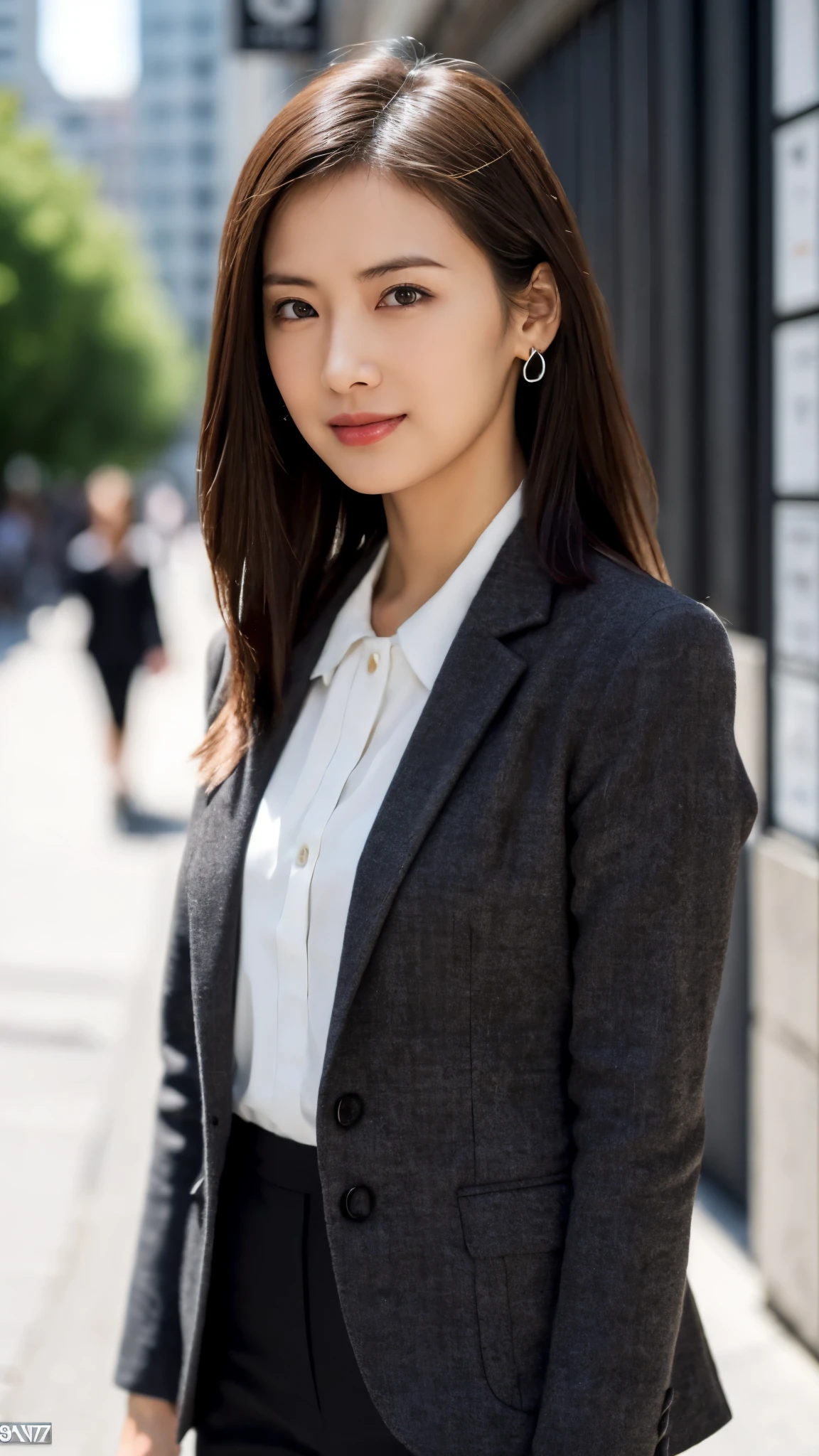 (8k, RAW Photos, highest quality, masterpiece: 1.2), (Realistic, photoRealistic: 1.37), 1 Woman in a suit standing on the sidewalk, Cityscape, Day, Sunny Morning, Professional Lighting, Photon Mapping, Radio City, Brazilian Women, Torn, shirt, Woman in a suit, Silk Suit,The best smile:1.5,Silver Hair:1.5