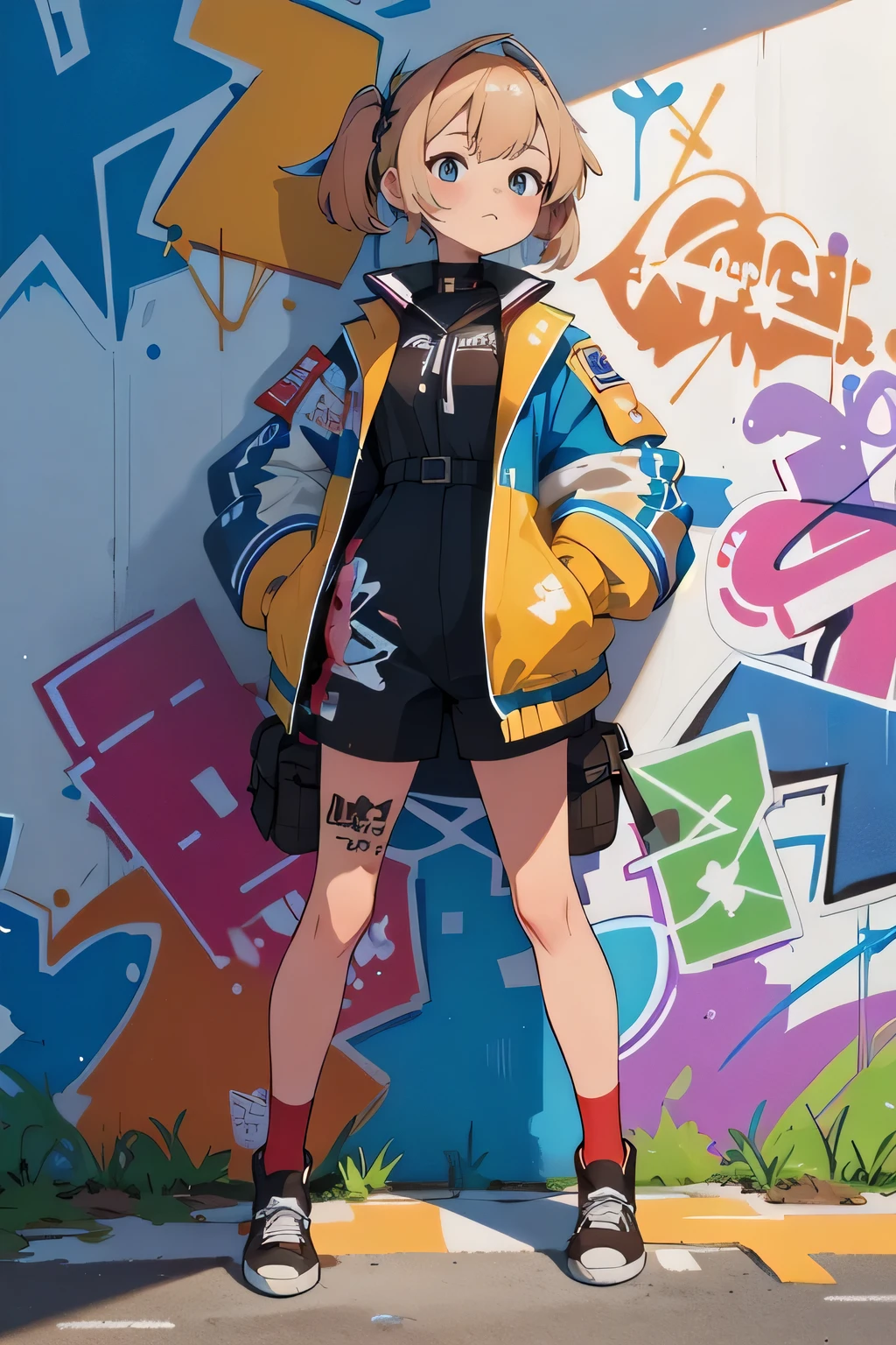 (highest quality), masterpiece, Highly detailed CG uniform 8K illustrations, High collar, extremely High collar saturation, All the colors have deepened, paint, Graffiti art, Center Configuration, Highly detailed lights and shadows, Graffiti wall, wall painted bright, A girl's graffiti A girl is staring at the wall, Highly detailed face and eyes, Medium length hair, Sportswear, Coloured Clouds