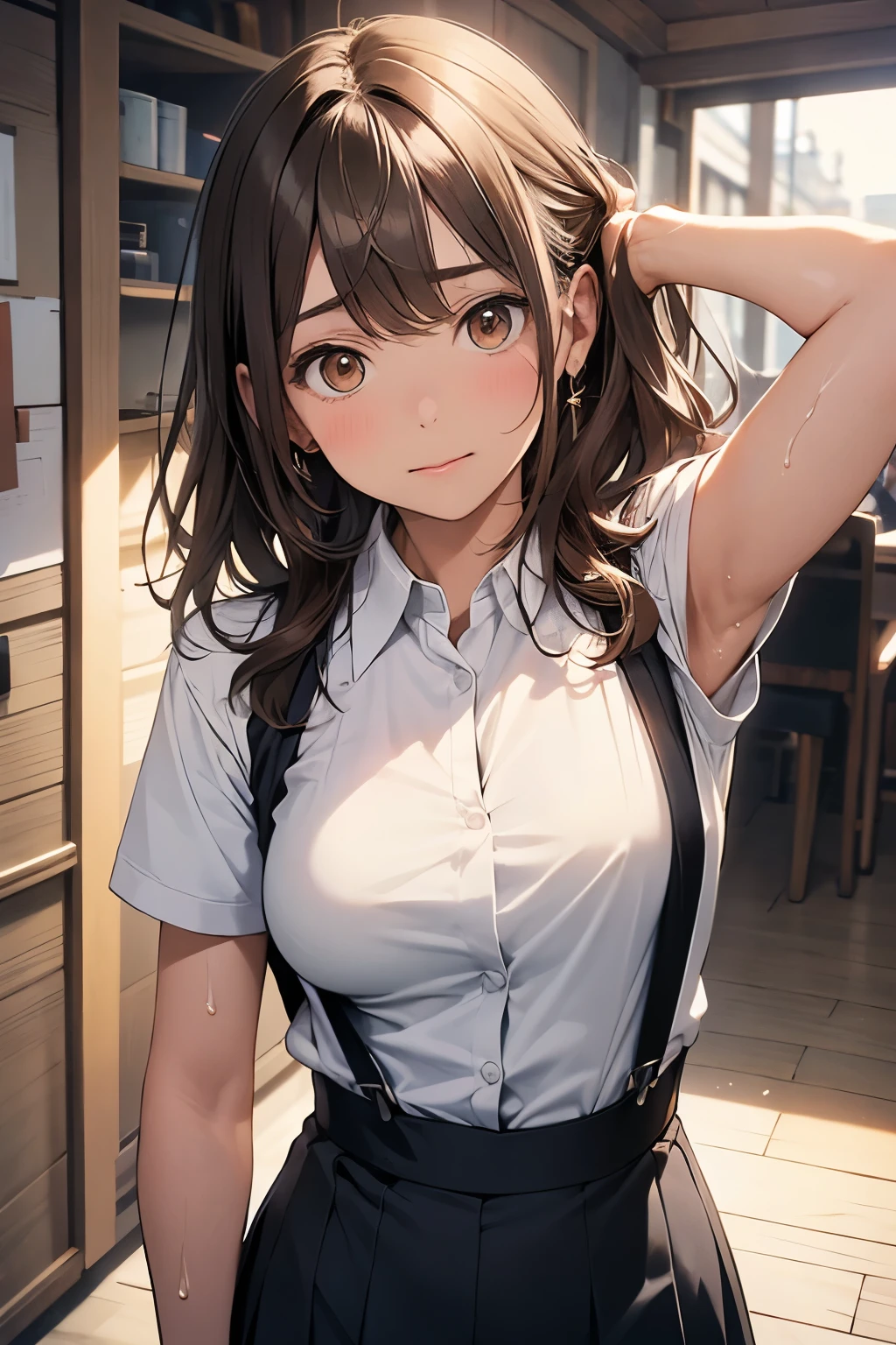 Brown Hair、Staring at the audience　　　Black suspenders　　　bulging big breasts　　 　 　　　wall: 　garter　　　　　sight　　　Small face　 　　　holster　　　Beautiful woman　　Show your hand　　 　sight 　　Taunt　side　side汗 　arm　Dress shirt　Black Suit　ベルト wall際　Put your hands up　Both hands above head　Armpit sweat　mini skirt