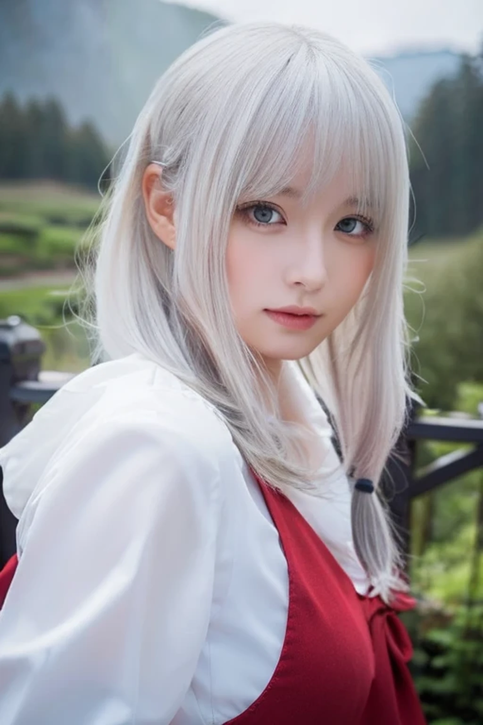 masterpiece, highest quality, Very detailed, Lightning in the movie, Intricate details, High resolution, Official Art, Beautifully detailed face and eyes, High resolutionのイラスト, 8k, Depth of written boundary, Bokeh, alone, One girl, A girl with white hair and red eyes, Long white hair, Beautiful red eyes, Beautiful Landscape, Rainy Town, Upper Body, View Viewer, close