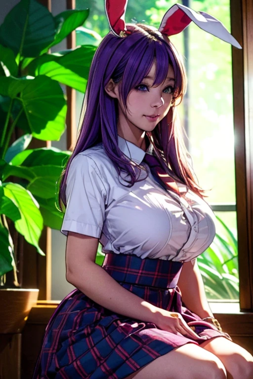 sit in tropical rainforest , steam , waistband of skirt is at the point above chest , plaid skirt , pleated skirt , Tight shirt , white Shirt , school girl , skirt under breasts , skirt is near breasts area , skirt is adjacent to the chest , (masterpiece, best quality, hires, high resolution:1.2, 4k, 8k , high quality), extremely detailed, realistic, intricate details, highres, 1girl, solo, (large breasts, thick thighs, wide hips), arched back,(cinematic lighting, sunlight, perfect lighting, backlighting), eye-level shot, extreme close-up-shot, looking at viewer, , green skirt nakano_yotsuba_ecsta, blue eyes, orange hair, hair ribbon, nakano yotsuba, short hair, green ribbon, hair between eyes , masterpiece, best quality, 1girl,smile,reisen udongein inaba, purple hair,very long hair, rabbit ears, red eyes,black jacket,pink skirt,necktie , twin tails hair