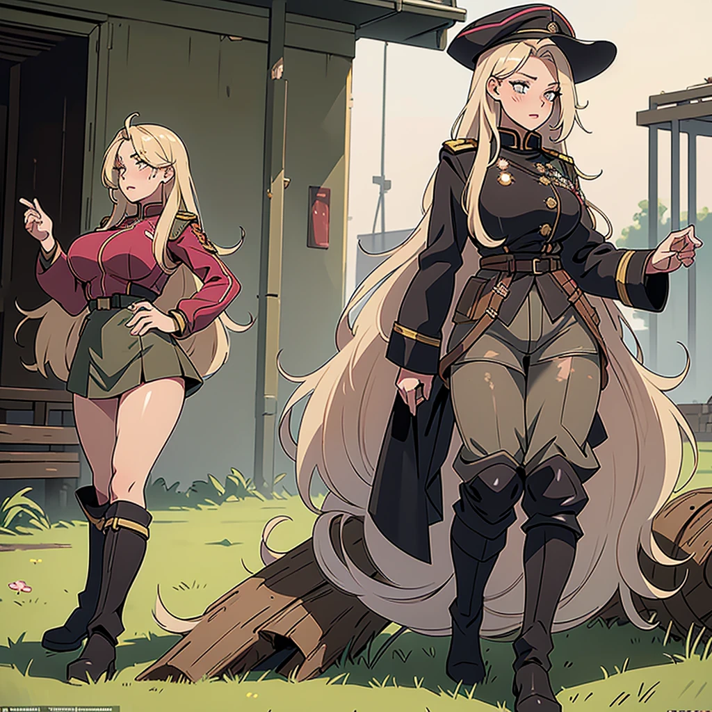 Masterpiece, blonde girl, long straight hair, messy hair, military prussian uniform, walking in a field, prominent breasts, pretty face, pink lips, plunging cheeks, black boots, dark gray uniform, mud-stained boots, slightly dirty clothes, slightly bruised face