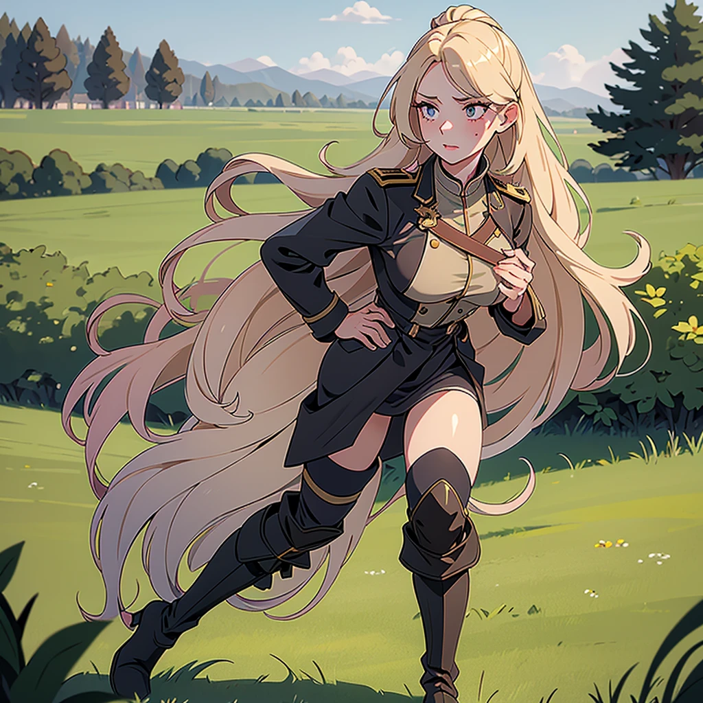 Masterpiece, blonde girl, long straight hair, messy hair, military prussian uniform, walking in a field, prominent breasts, pretty face, pink lips, plunging cheeks, black boots, dark gray uniform, mud-stained boots, slightly dirty clothes, slightly bruised face