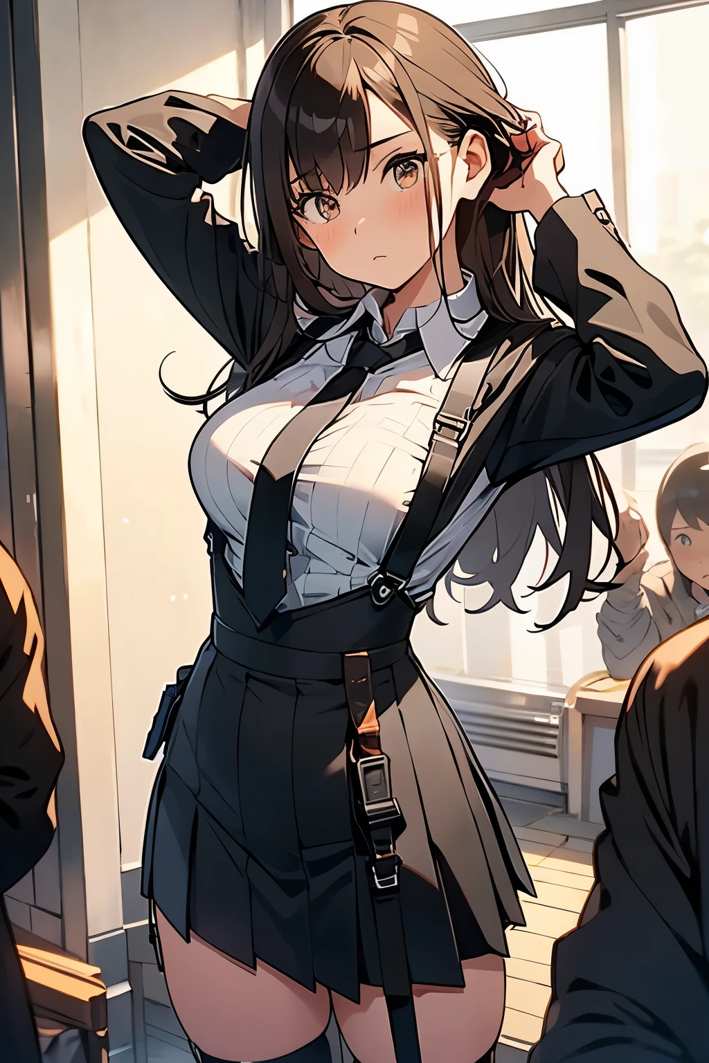 Brown Hair、Staring at the audience　　　Black suspenders　　　bulging big breasts　　 　 　　　wall: 　garter　　　　　sight　　　Small face　 　　　holster　　　Beautiful woman　　Show your hand　　 　sight 　　Taunt　side　side汗 　arm　Dress shirt　Black Suit　ベルト wall際　Put your hands up　Both hands above head　Armpit sweat　mini skirt