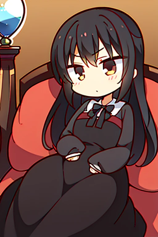 A black haired woman with brown eyes in an hourglass figure in a cute dress is sleeping on a couch