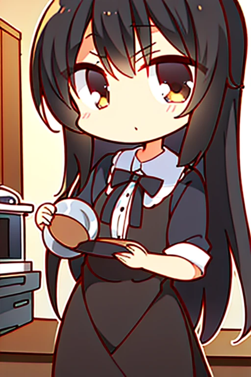A black haired woman with brown eyes in an hourglass figure in a cute dress is making breakfast in the kitchen