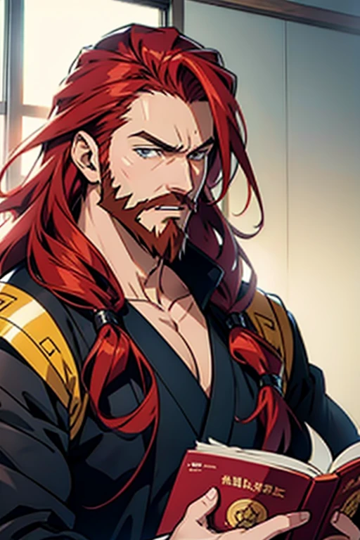 Anime guy with long red hair and a beard, manga pages with dialogue 