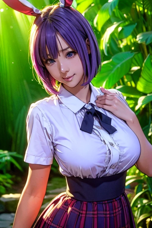 sit in tropical rainforest , steam , waistband of skirt is at the point above chest , plaid skirt , pleated skirt , Tight shirt , white Shirt , school girl , skirt under breasts , skirt is near breasts area , skirt is adjacent to the chest , (masterpiece, best quality, hires, high resolution:1.2, 4k, 8k , high quality), extremely detailed, realistic, intricate details, highres, 1girl, solo, (large breasts, thick thighs, wide hips), arched back,(cinematic lighting, sunlight, perfect lighting, backlighting), eye-level shot, extreme close-up-shot, looking at viewer, , green skirt nakano_yotsuba_ecsta, blue eyes, orange hair, hair ribbon, nakano yotsuba, short hair, green ribbon, hair between eyes , masterpiece, best quality, 1girl,smile,reisen udongein inaba, purple hair,very long hair, rabbit ears, red eyes,black jacket,pink skirt,necktie , twin tails hair