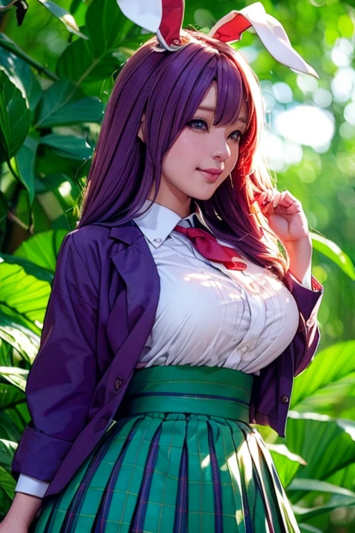 sit in tropical rainforest , steam , waistband of skirt is at the point above chest , plaid skirt , pleated skirt , Tight shirt , white Shirt , school girl , skirt under breasts , skirt is near breasts area , skirt is adjacent to the chest , (masterpiece, best quality, hires, high resolution:1.2, 4k, 8k , high quality), extremely detailed, realistic, intricate details, highres, 1girl, solo, (large breasts, thick thighs, wide hips), arched back,(cinematic lighting, sunlight, perfect lighting, backlighting), eye-level shot, extreme close-up-shot, looking at viewer, , green skirt nakano_yotsuba_ecsta, blue eyes, orange hair, hair ribbon, nakano yotsuba, short hair, green ribbon, hair between eyes , masterpiece, best quality, 1girl,smile,reisen udongein inaba, purple hair,very long hair, rabbit ears, red eyes,black jacket,pink skirt,necktie , twin tails hair