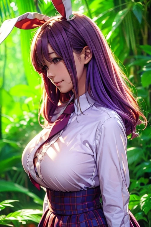 sit in tropical rainforest , steam , waistband of skirt is at the point above chest , plaid skirt , pleated skirt , Tight shirt , white Shirt , school girl , skirt under breasts , skirt is near breasts area , skirt is adjacent to the chest , (masterpiece, best quality, hires, high resolution:1.2, 4k, 8k , high quality), extremely detailed, realistic, intricate details, highres, 1girl, solo, (large breasts, thick thighs, wide hips), arched back,(cinematic lighting, sunlight, perfect lighting, backlighting), eye-level shot, extreme close-up-shot, looking at viewer, , green skirt nakano_yotsuba_ecsta, blue eyes, orange hair, hair ribbon, nakano yotsuba, short hair, green ribbon, hair between eyes , masterpiece, best quality, 1girl,smile,reisen udongein inaba, purple hair,very long hair, rabbit ears, red eyes,black jacket,pink skirt,necktie , twin tails hair