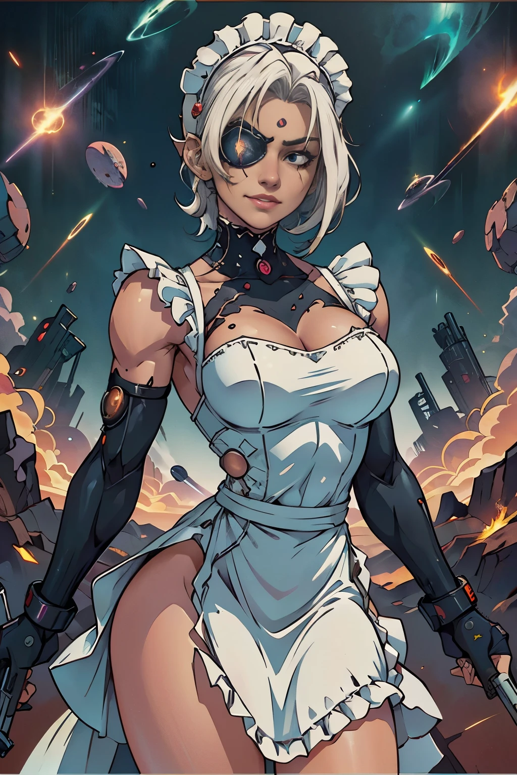 a beautiful cyborg female soldier wearing a maid dress, short white hair, muscular, six-pack abs, (maid dress:1.8), (frilly white apron:1.4), scarred face, eyepatch, left hand is a laser gun, (space gangsters and gunfight:1.4), smirking expression