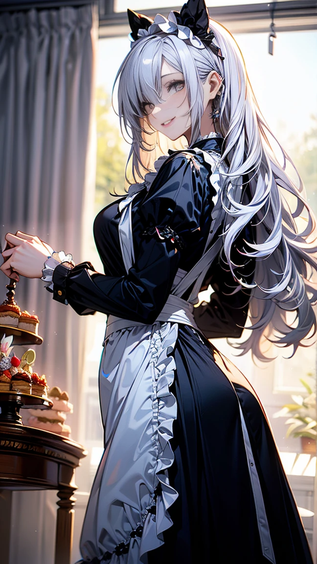 (Masterpiece, best quality), (ultra high resolution, 8K RAW photo, photo realistics:1.5, textile shading, thin outline), Beautuful Matured woman preparing tea-party in the garden, (tea set, tea pot, tea cups, some cakes on dish), Gothic table, wearing traditional dark-brown maid uniform, maid costume:1.2, long flare skirts, apron, Tall and long legs, long white hair, wearing rimless grasses, (milf:1.5, 28 years old, solo), ( narrow waist), (long white hair, hair over one eye, updo, side lock, asymmetric hair, wavy hair), (bright pupils, detailed eyes, high detailed face, Perfect face shape, eye rush), (seductitve smiling, half-closing eyes), (looking at viewers:1.3), (dynamic angle, tighs focus, from side below:1.2), ((correct anatomy:1.5, correct hands)), (ideal ratio of body proportions), outdoor, glass garden, 