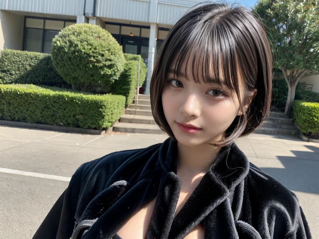 (((One girl)))((Highest quality, 8K, masterpiece:1.3)),((sharp:1.2, Beautiful woman with perfect figure:1.4, Slim Abs:1.2)), ((Layered Hairstyles, Huge boobs:1.3)),((Highly detailed face and skin texture,Detailed eyes,black eye,double eyelid, Droopy eyes)),(Japanese Girls:1.5)(Brown Hair,Bobcut)(Polo shirt:1.8),(at the park:1.3)Impish Smile