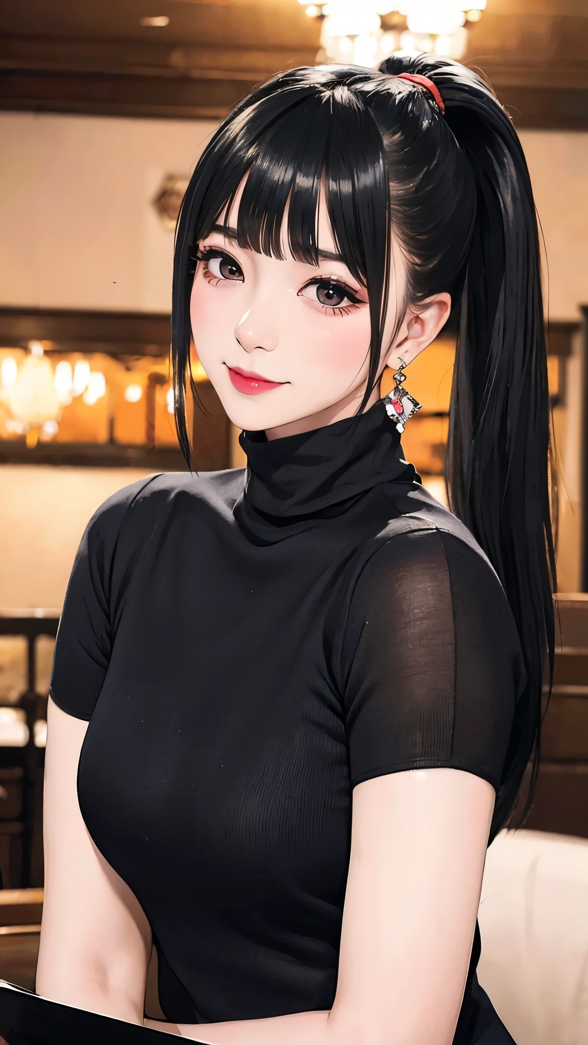 ((Classic dull bangs:1.1)),Hairstyle with messy bangs, Round face with dull bangs, Dull bangs韓国語, Aesthetic Korean Bangs, Blunt with long hair、The bangs are cut straight,((high ponytail:1.5)),(((Dull bangs,Straight bangs:1.1))),(((very long black hair, terribly long black hair:1.1)))1 girl, Fashion Model, focus only, cowboy shot, ((despise)), ((despise)), earrings, black eye, bangs, turtleneck sweater, mole, (Sweat), table top, 最high quality, 超high quality, high quality, realistic, photo-realistic, RAW photo, very detailed, intricate details, autumn, blurred background,