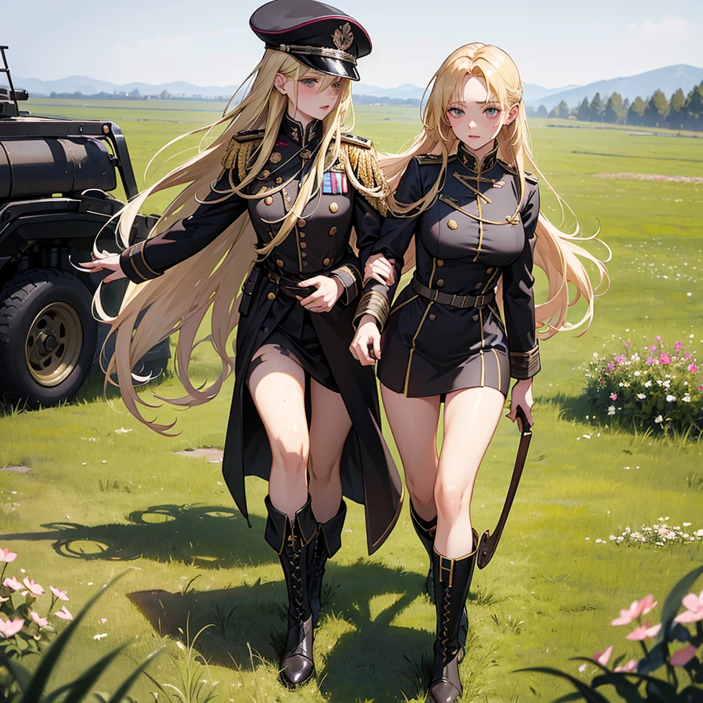 Masterpiece, blonde girl, long straight hair, messy hair, military prussian uniform, walking in a field, prominent breasts, pretty face, pink lips, plunging cheeks, black boots, dark gray uniform, mud-stained boots, slightly dirty clothes, slightly bruised face